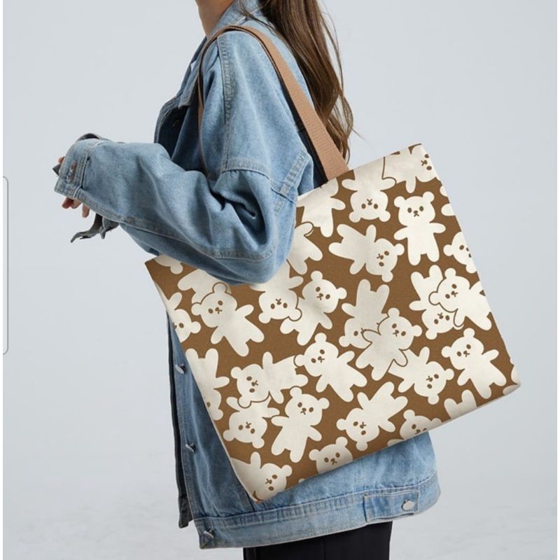 Diskon Tote Bag Beruang Cream Coklat - Tas Tote Bag Wanita dan Pria Murah