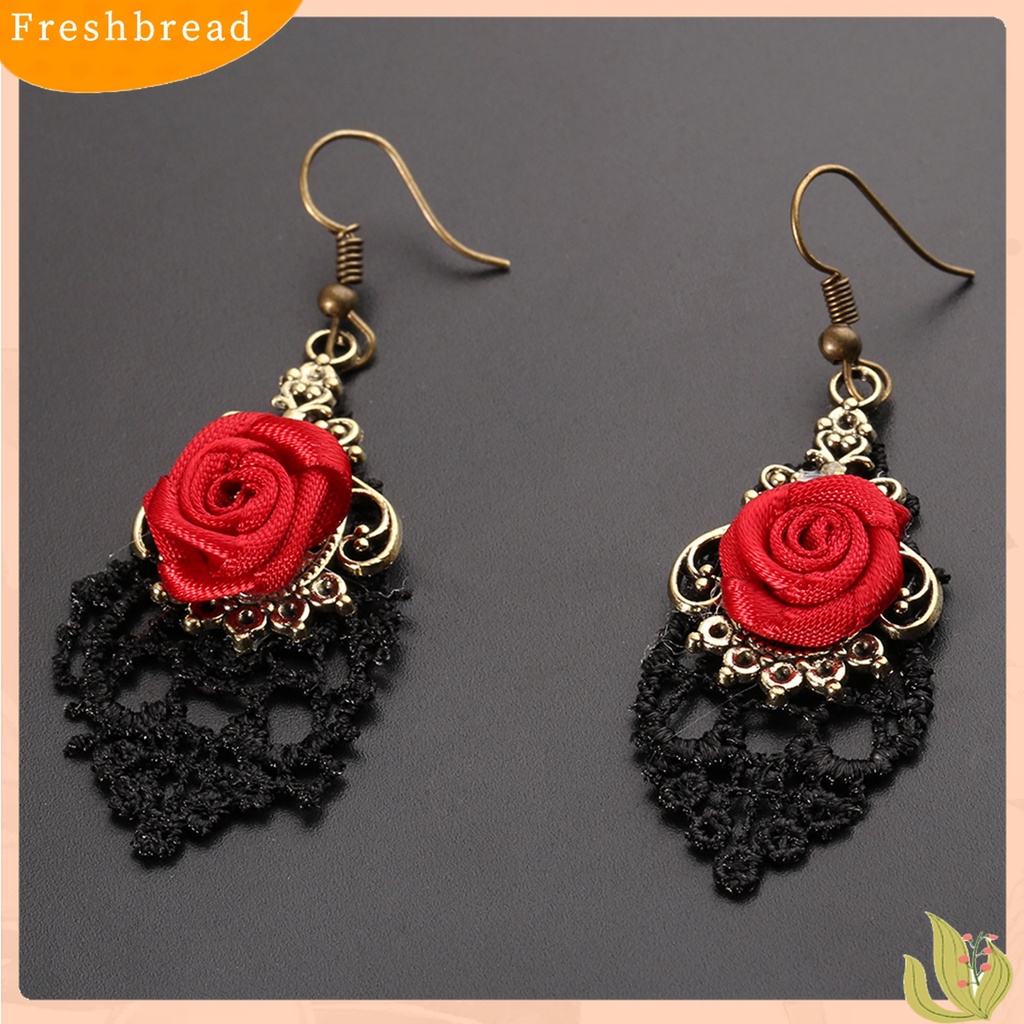 【Fresh】1 Pair Vintage Gothic Vampire Halloween Black Lace Red Flowers Dangle Earrings