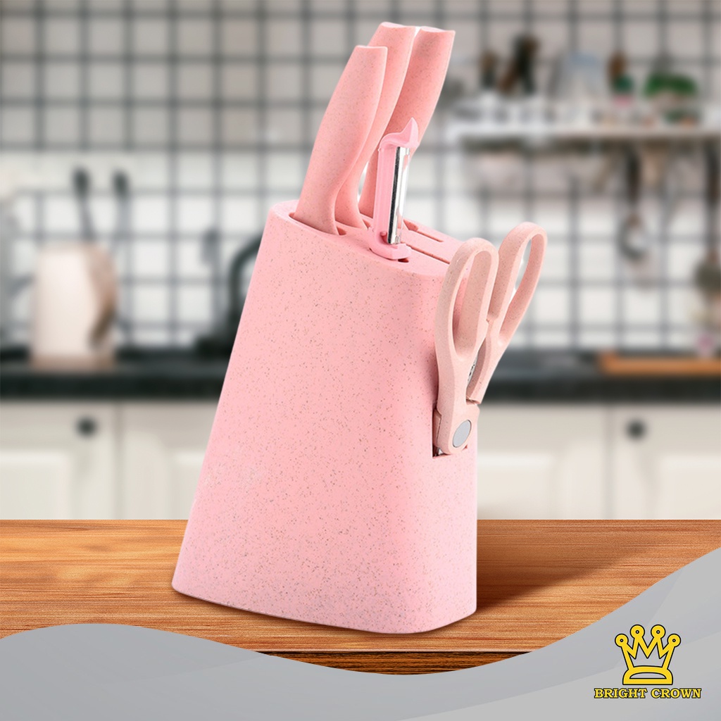 Bright Crown Pisau Dapur Set 6 in 1 / Kitchen Knife Set 6 in 1 Dengan Wadah Berkualitas-A-Pisau Set PINK