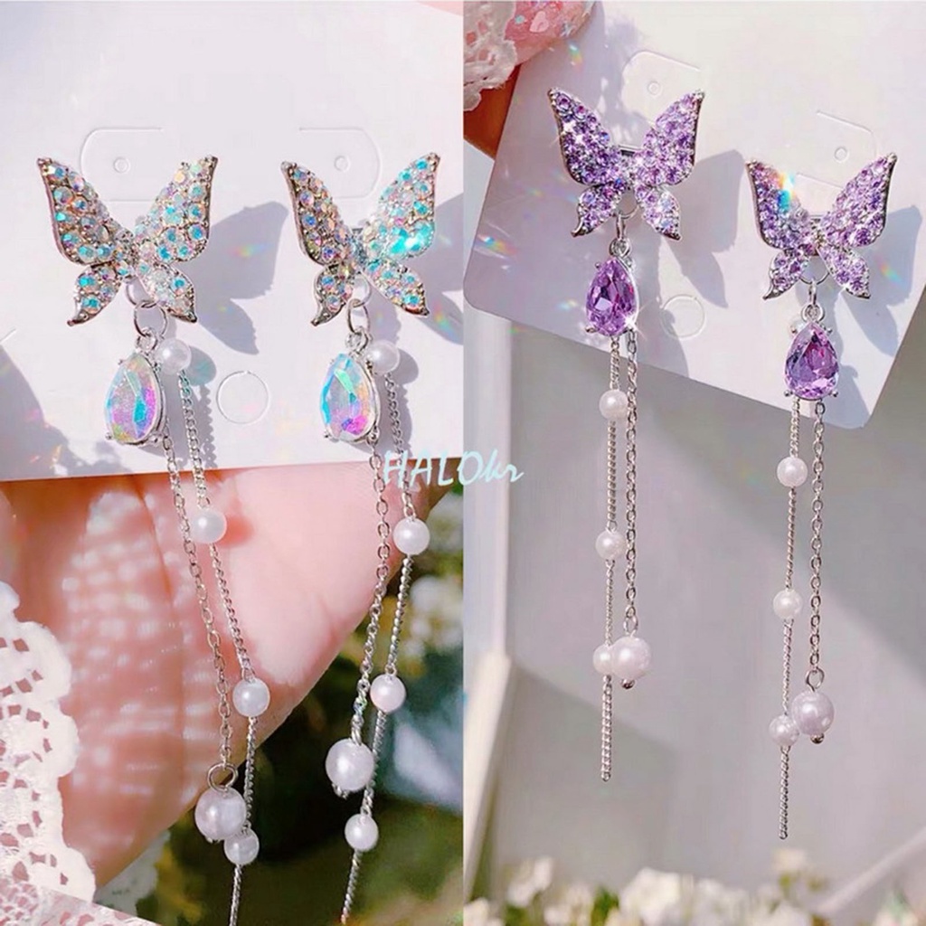 Hu Hu Hu Hu Hu Alat Bantu Pasang Kacamata♡ 1 Pasang Anting Stud Rantai Rumbai Kupu-Kupu Aksen Mutiara Berlian Imitasi Kilau Untuk Wanita