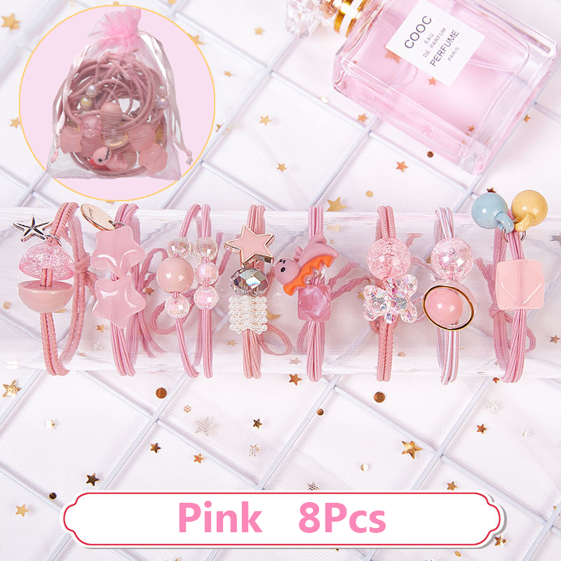 17km 8pcs / Set Ikat Rambut Karet Elastis Motif Kartun Aksen Kristal Untuk Aksesoris Anak Perempuan-2
