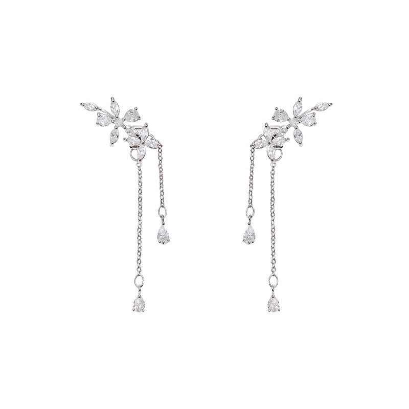 Shuling S925 silver needle Korean version Super Shining Zircon Wing Earrings Female High Sense Long Tassel Earrings