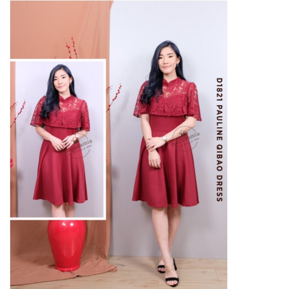PAULINE QIBAO DRESS - MACADAMIA HOUSE Dress Merah (PRELOVED) Red Rok Casual Cheongsam Maroon Baju