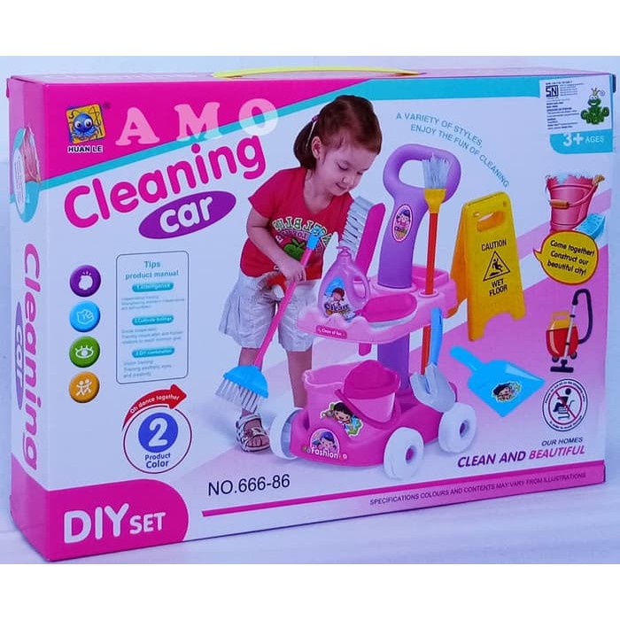 PROMO Mainan  Dorongan Anak Trolley Alat Kebersihan Sapu Pel Pengki CLEANING CAR TROLLEY 666-87 DUS - Kado Anak Cewek Mainan Kebersihan Murah ST