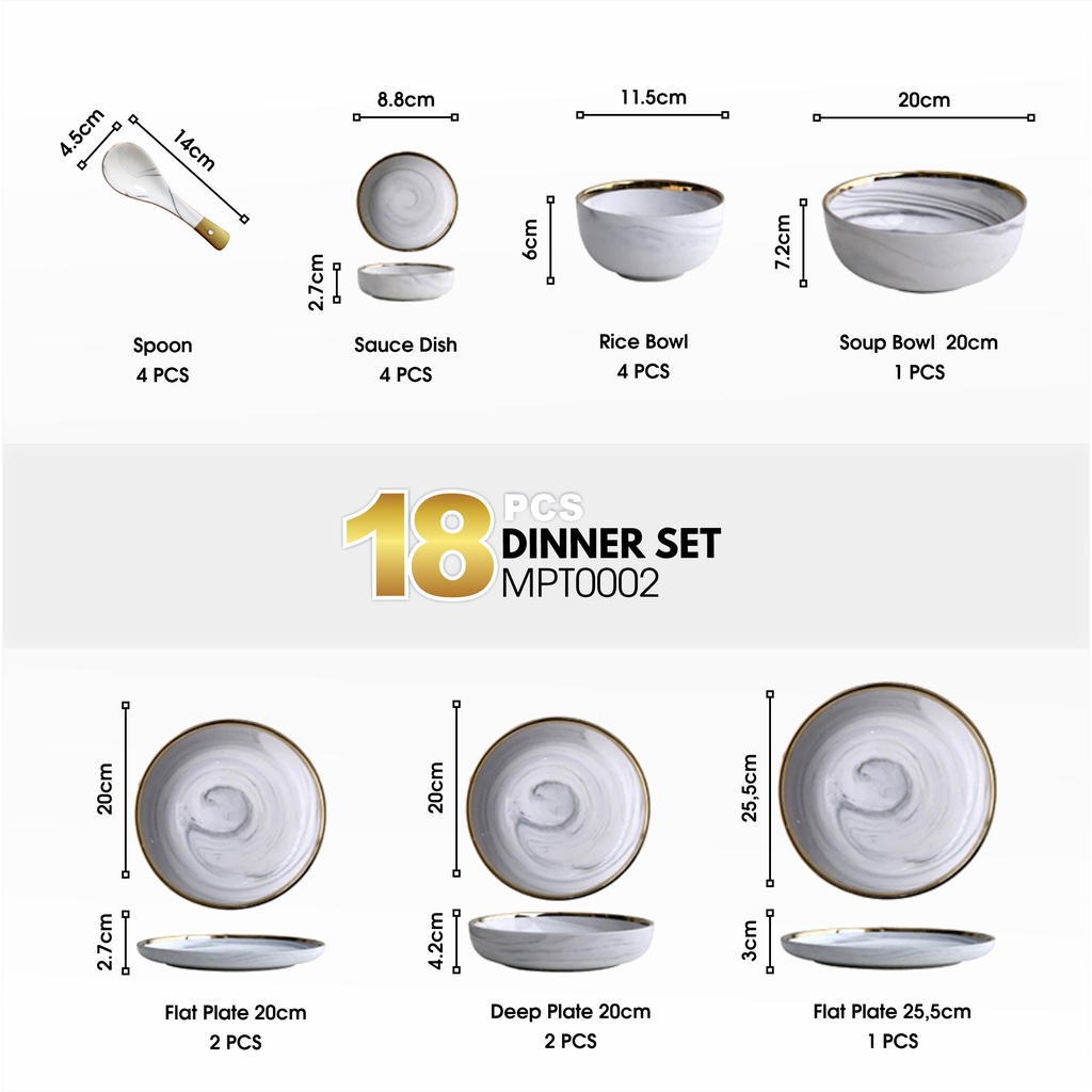 Set 18 &amp; 26 PCS Piring Mangkok Mangkuk Makan Keramik Bowl Set Marble Marbel Plate Gold Rim