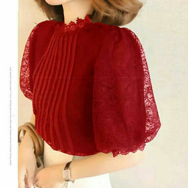 0223 CNY Baju atasan blouse lace puff sleeve lengan baloon pendek merah putih wanita import baju ata