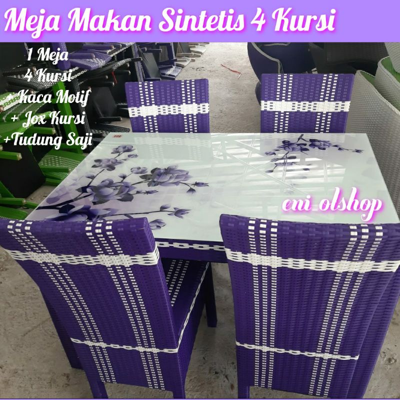 1 Set Meja Makan Rotan Sintetis 4 Kursi Kaca Motif Palembang