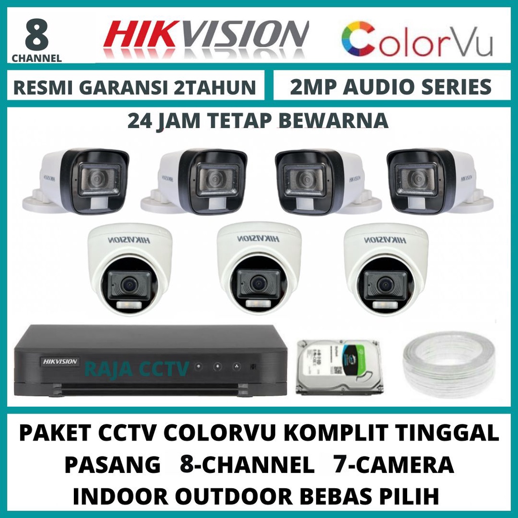 PAKET CCTV HIKVISION 2MP COLORVU 8 CHANNEL 7 CAMERA TURBO HD KAMERA CCTV COLORFUL