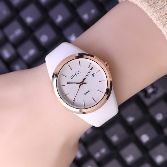 JAM TANGAN WANITA MURAH DIGITAL ANTI AIR RANTAI KECIL ORIGINAL M7A6 guess rubber karet tanggal Putih