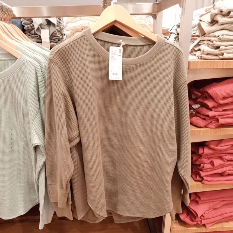 Uniqlo Baju Wanita T-shirt Waffle Oversize Crew Neck