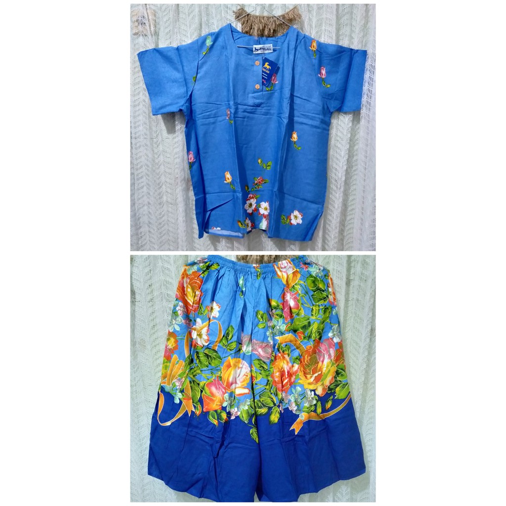 Daster Setelan/Baby Doll/Daster Piyama Kuda Mas Biru Motif Bunga Mawar Kekinian Gaul Busui Friendly