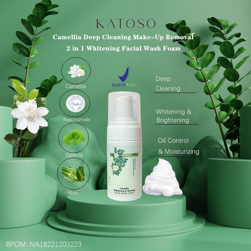 (BPOM) Katoso Camellia Deep Cleaning Brightening &amp; Glowing Whitening Facial Wash Foam Cleanser Wajah Centella Aloe Niacinamide Removal 100ML