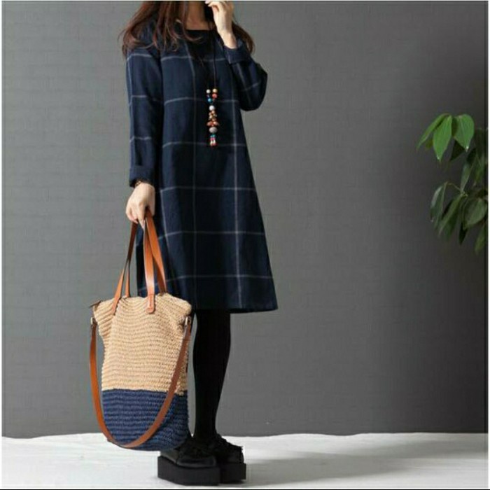 dress motif kotak bahan linen impor