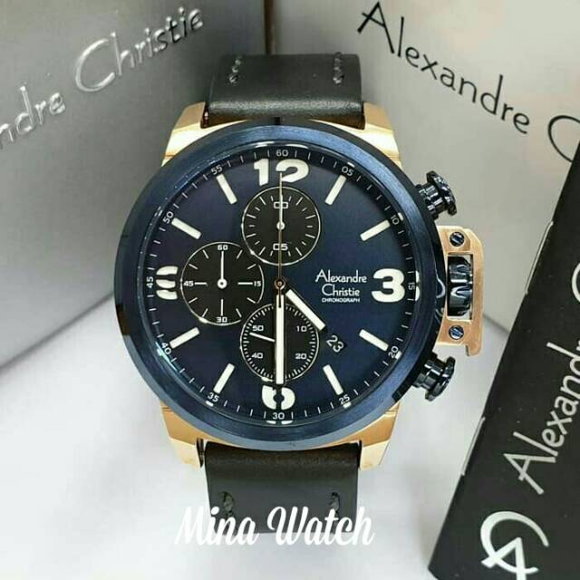 Jam tangan pria Alexandre christie original ac6280 blue rosegold leather black