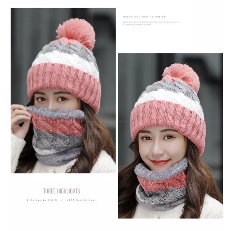 Topi kupluk wanita hangat import rajut winter hat musim dingin korea anak beanie set neck warmer kim