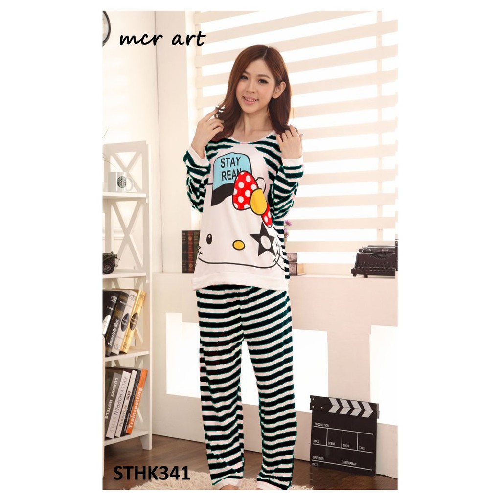 STHK341 - Setelan Panjang Hello Kitty Star Real Stripe Black