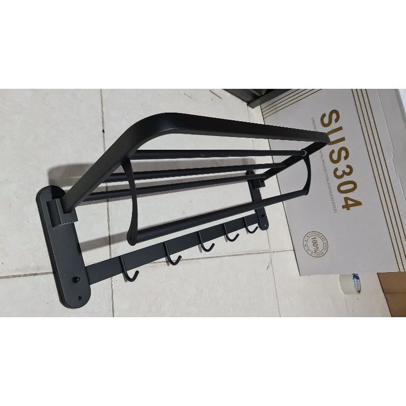 Rak handuk 5 baris lipat hitam / full stainless SUS304 anti karat PROMO