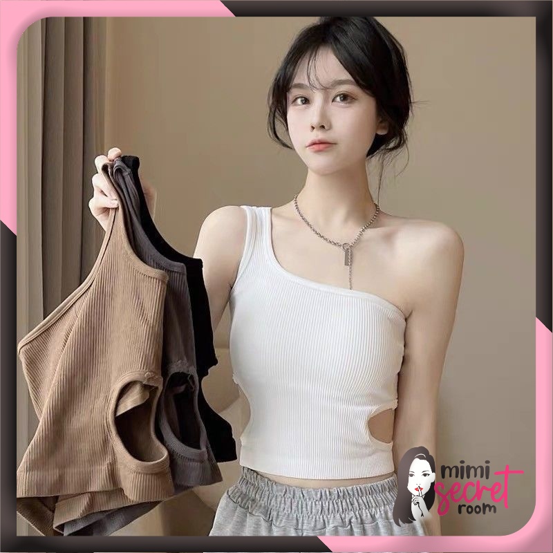 ❤ MIMI ❤  TANK TOP ONE SHOULDER SEXY BEST CROP TOP FASHION KOREAN