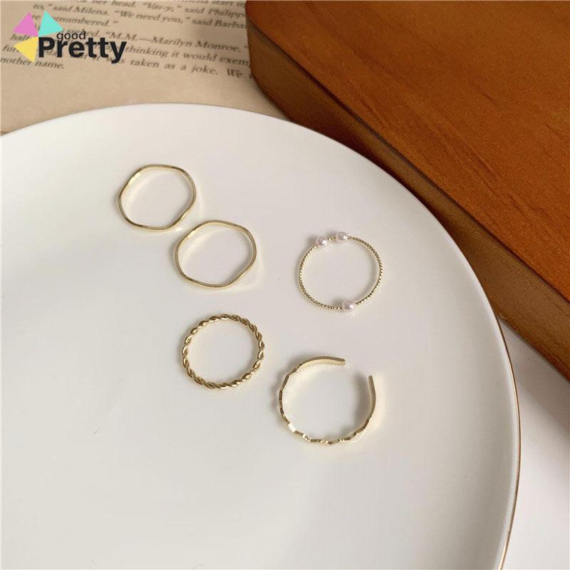 5 pcs Cincin Set Fashion Aksen Berlian Imitasi Mutiara Untuk Wanita - PD