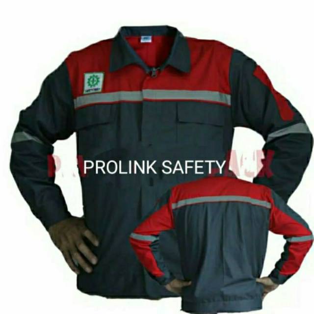 SERAGAM BAJU SAFETY MERAH KOMBINASI ABU ABU RESLETING KAIN DRILL