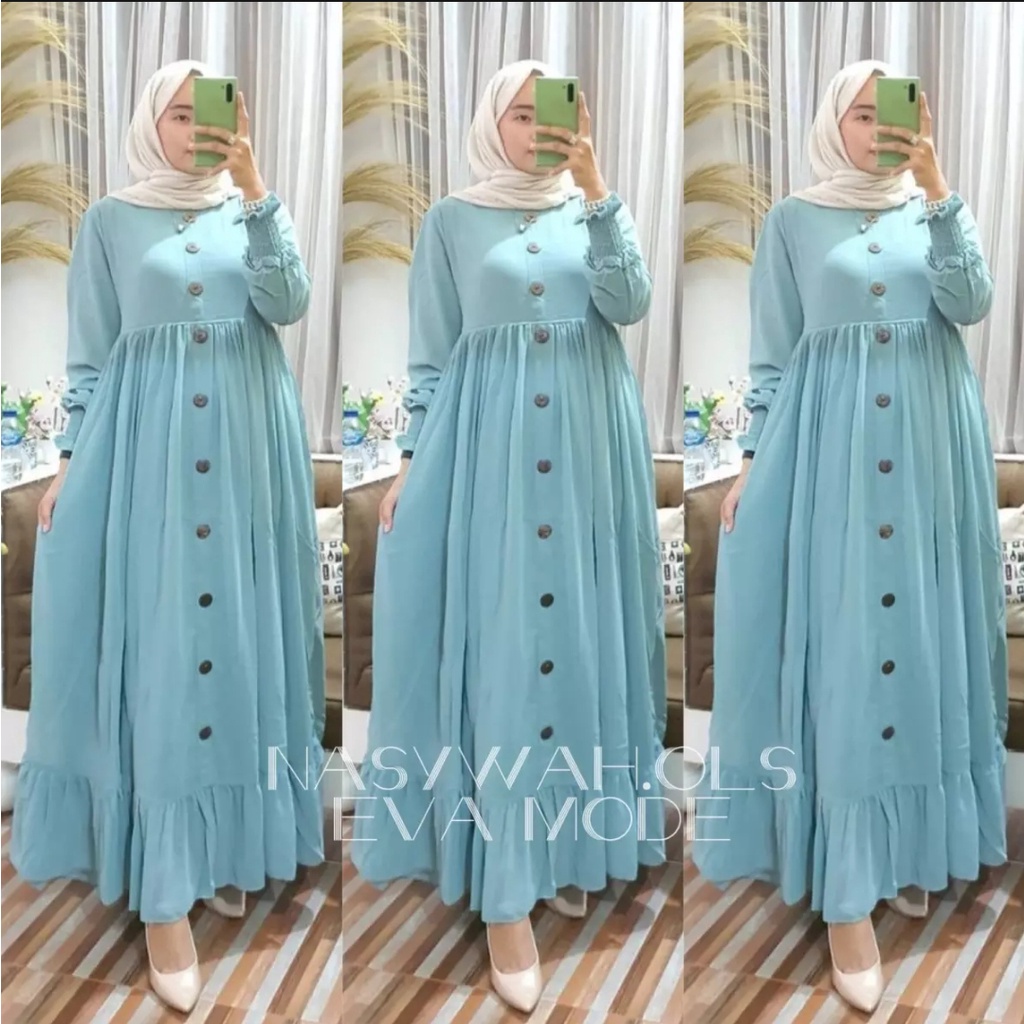 aqila maxi ceruty bebydoll /gamis ceruty bebydoll kancing terbaru /gamis syarii ceruty motif terbaru