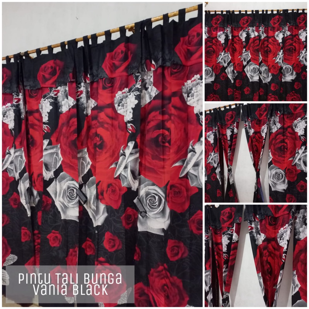 Gorden Pintu Tali Motif Bunga Hitam Vania | Hordeng Pintu & Jendela | Katun Tebal | Bisa COD