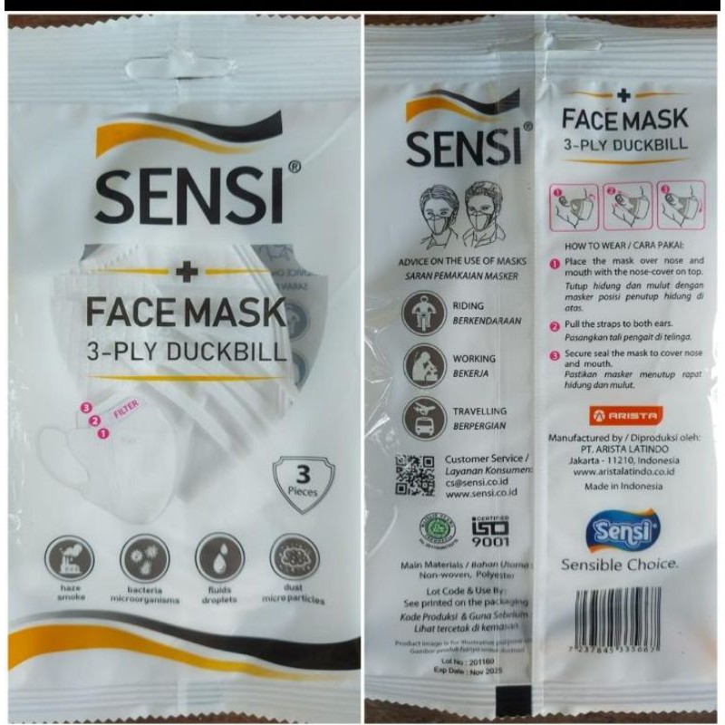 MASKER SENSI DUCKBILL KEMASAN SACET ISI 3/ADA EMBOS/LOGO SENSI