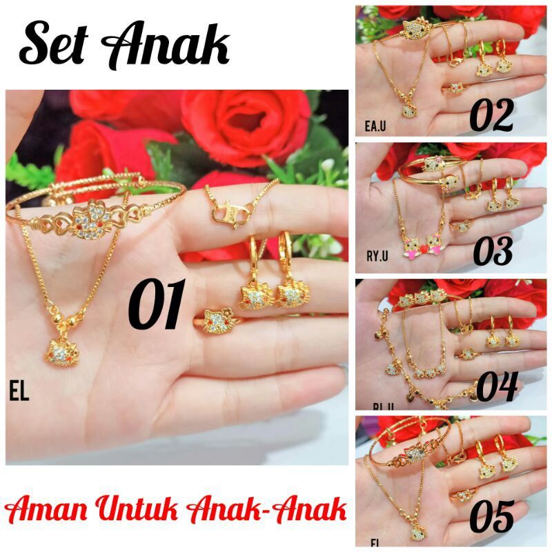 4in1 / 5in1 Perhiasan Anak 1 Set Kalung+Cincin+Gelang+Anting Karakter Hello Kitty