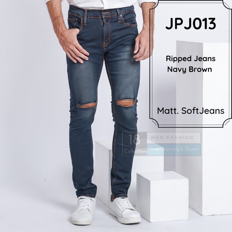 Navy Thin Brown Ripped Soft Jeans Murah Berkualitas! Celana Jeans Pria / Celana Panjang Sobek / Celana Cowo