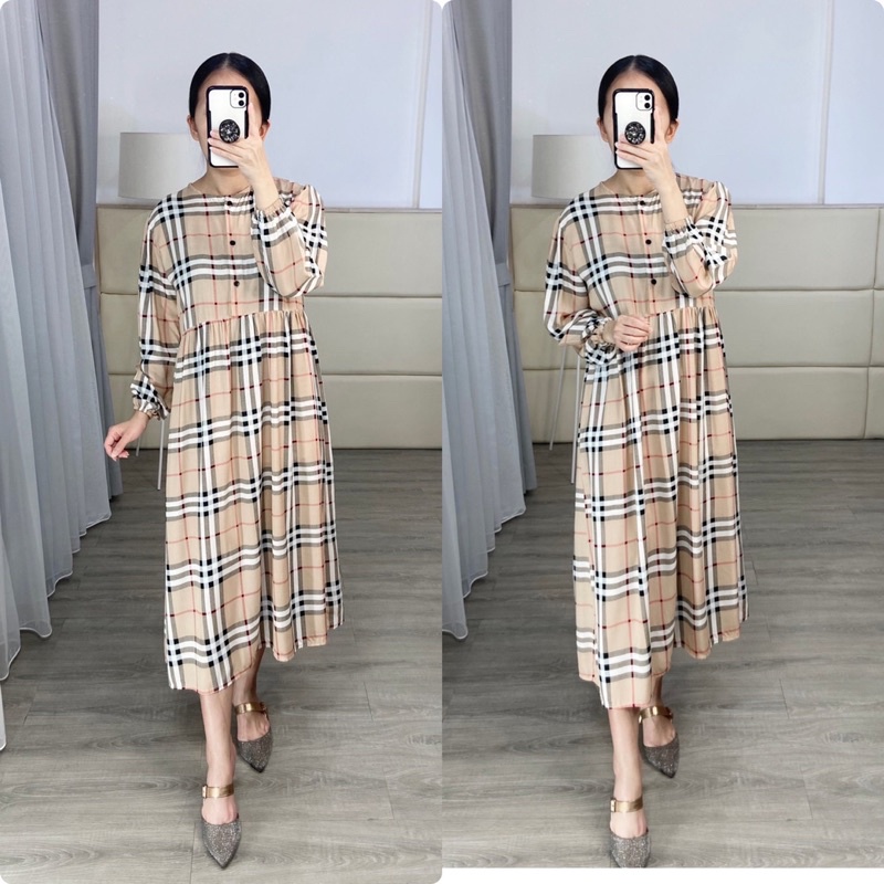 Midi Tunik Motif kotak /  rayon Tunik Premium / Tunik busui / midi dress busui