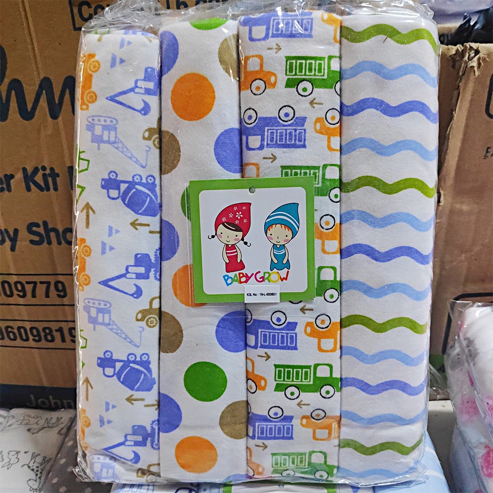 Baby Grow Bedong Bayi Flanel isi 4 Motif Baru 76cmx102cm BabyGrow Selimut Bayi Baru Lahir