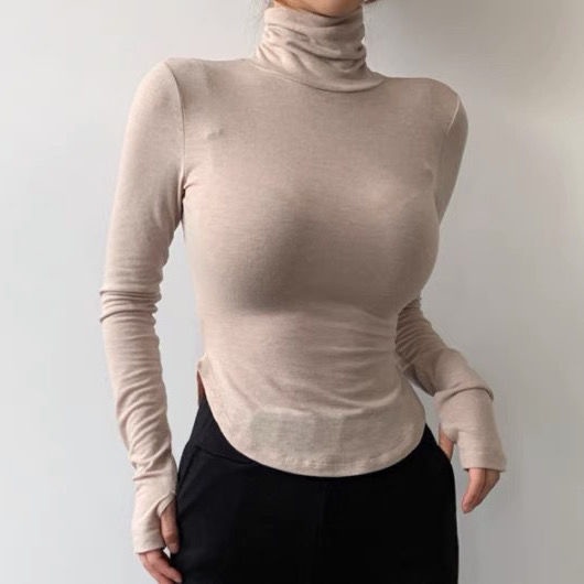 #Sisjuly# Hem berbentuk U menunjukkan pinggang tipis turtleneck ketat bottoming kemeja peregangan T-shirt tump