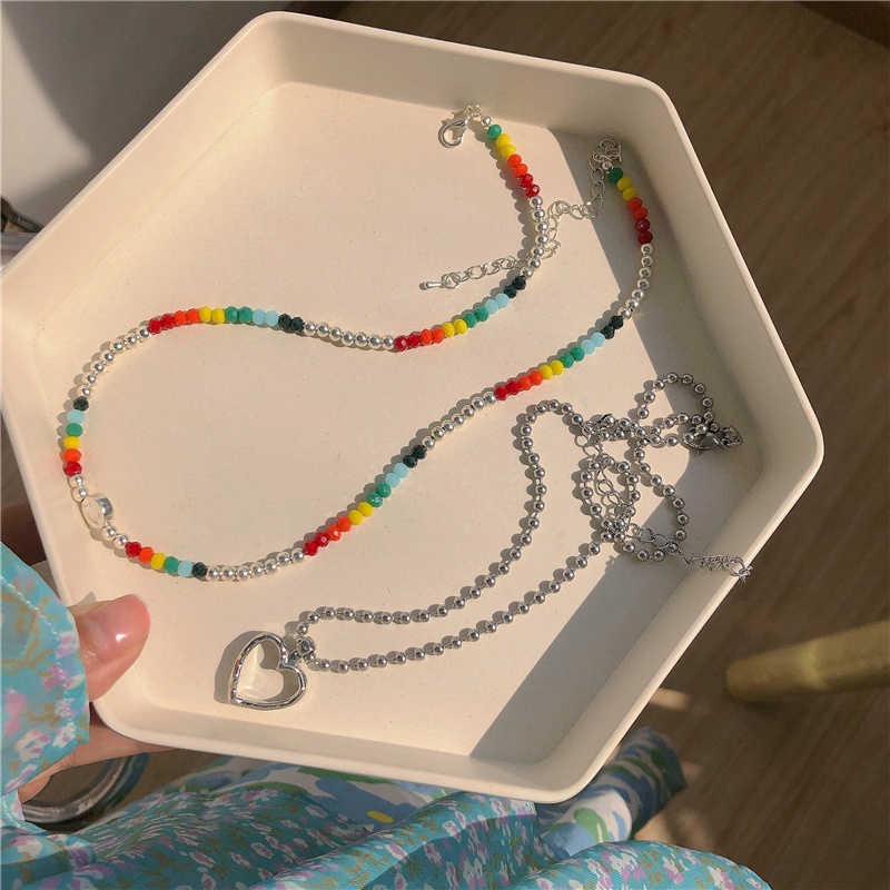 Kalung Rantai Klavikula Ganda Liontin Manik-Manik Kristal Warna Pelangi