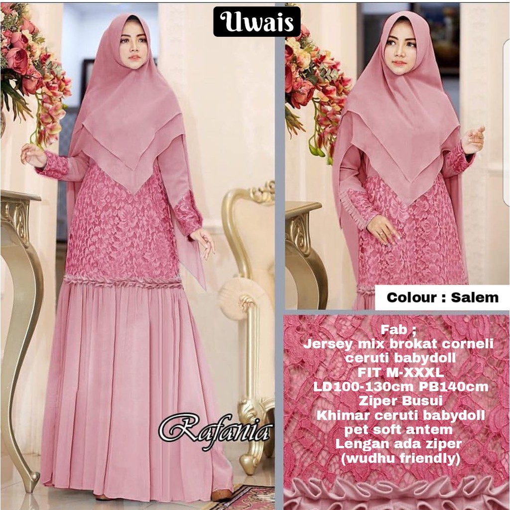 Rafania set gamis + khimar ori Uwais // setelan wanita gamis brukat fit M- XXL Khimar ceruti  syari