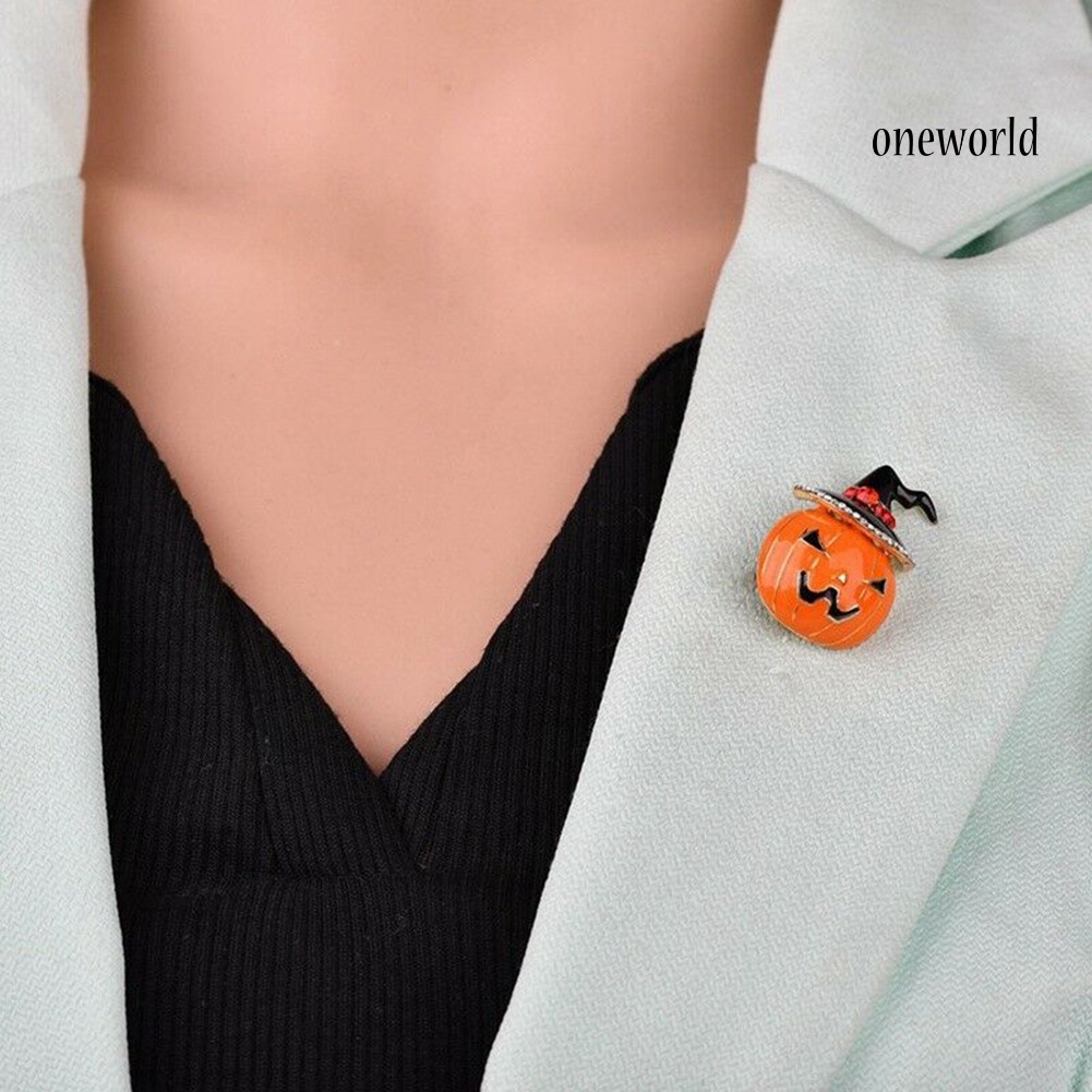 OW@ Halloween Pumpkin Rhinestone Inlaid Enamel Brooch Pin Sweater Shirt Collar Badge