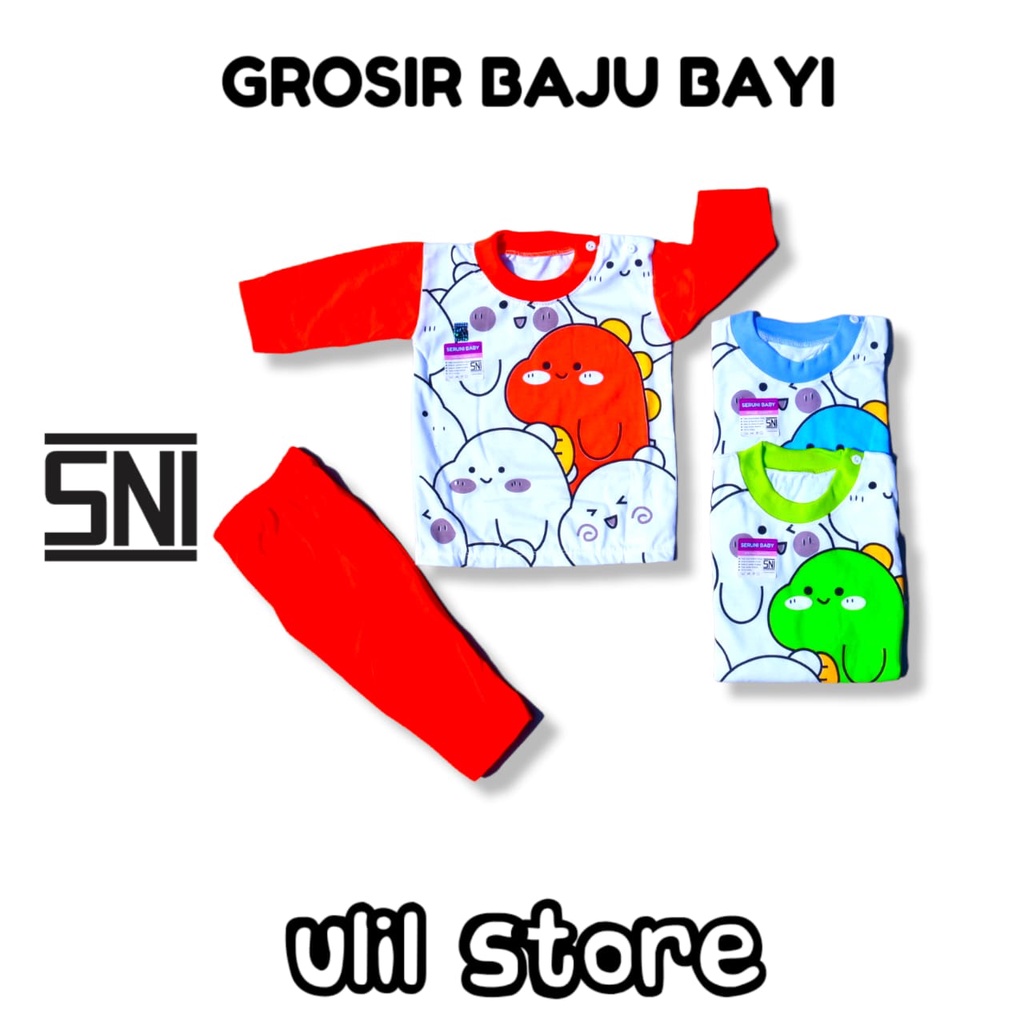 Setelan Baju Bayi Panjang SNI Kancing Pundak Seruni Baby Usia 3-15 Bulan Motif Doodle Dino