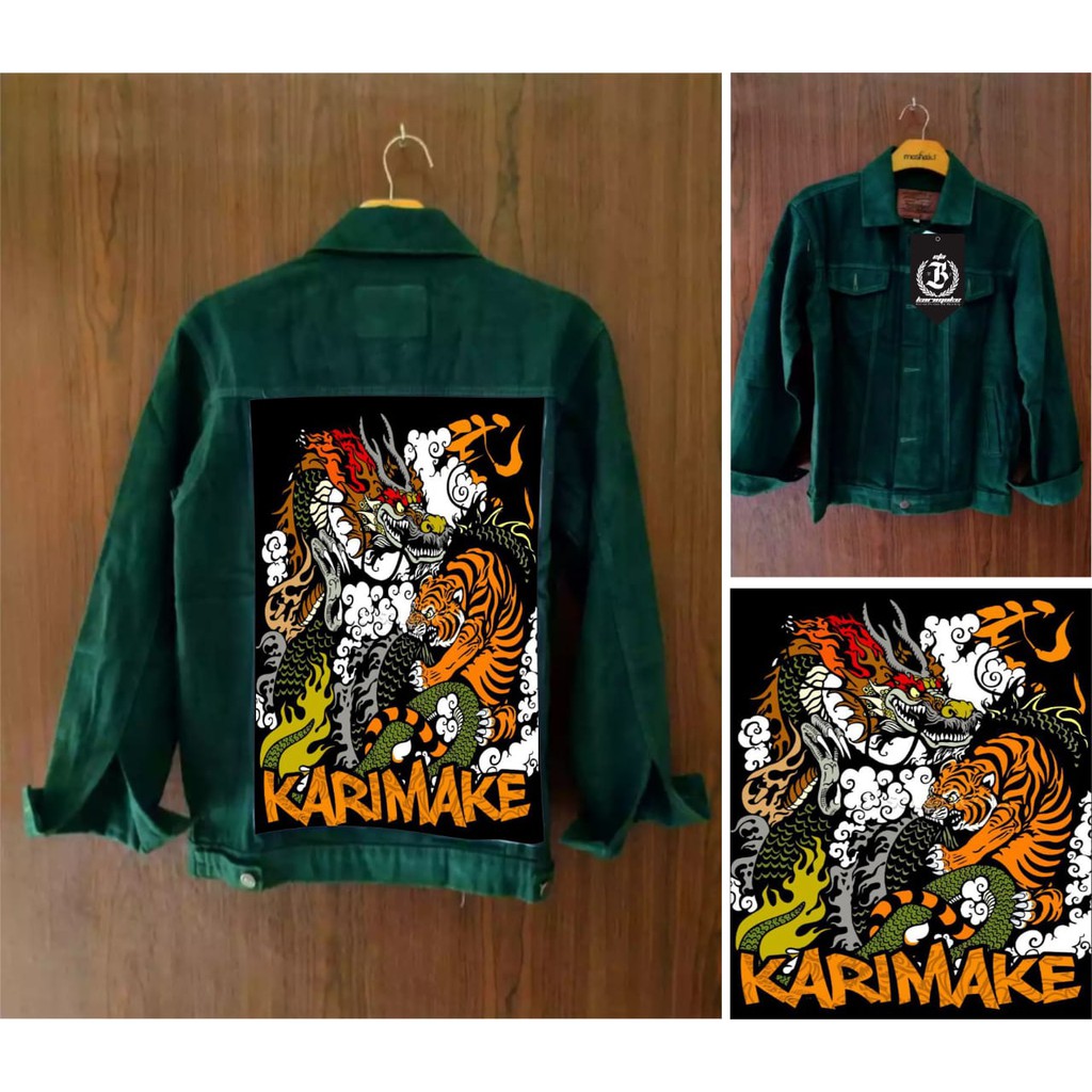 Eta Karimake jaket jeans hijau army gambar belakang macan hitam printing 3 dimensi terbaru