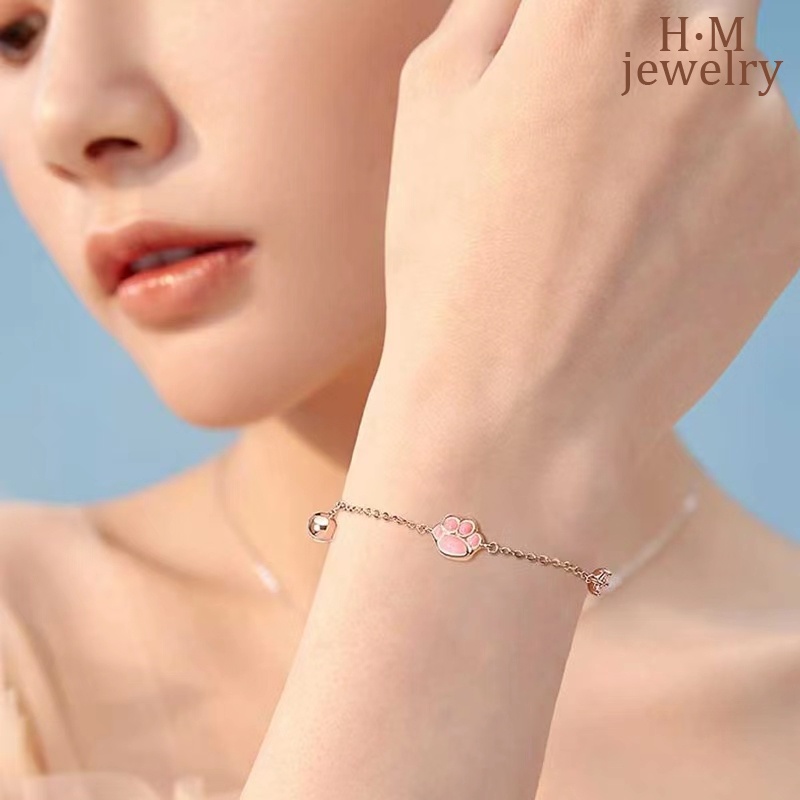 Gelang Tangan Rantai Sterling Silver 925 Aksen Telapak Kaki Kucing + Lonceng Untuk Wanita