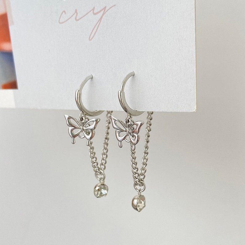 Anting Stud Desain Kupu-Kupu Aksen Kristal Untuk Wanita