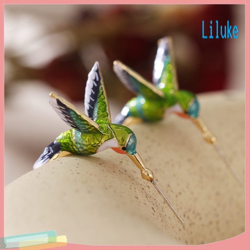 Lk Anting Tusuk Gantung Wanita Bahan Alloy Desain Burung Kolibri Enamel Untuk Pesta