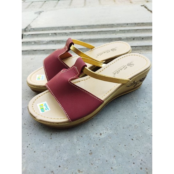 sandal wanita wedges lis hak 5cm merek saila terlaris