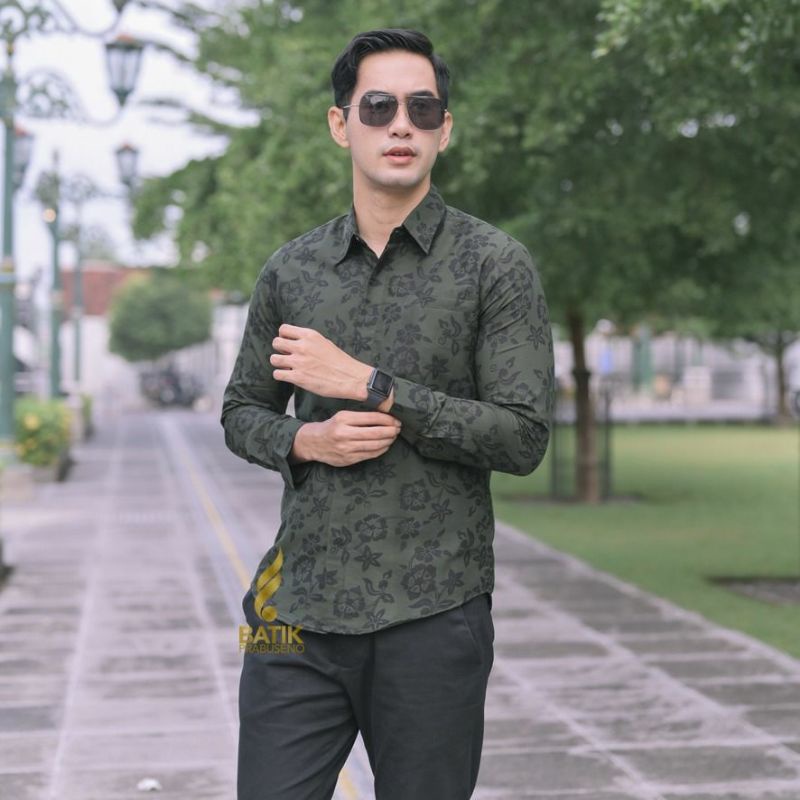Batik Prabuseno Kemeja Lengan Panjang Pria Slim fit Motif PRAHANA Bahan Katun Printing Handmade Lapi