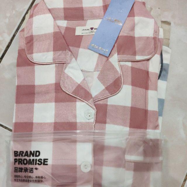 Baju Tidur Wanita / Cewek Piyama Import Bahan Kaos Tebal Aneka Motif All Size L Varian PP-Kotak maroon
