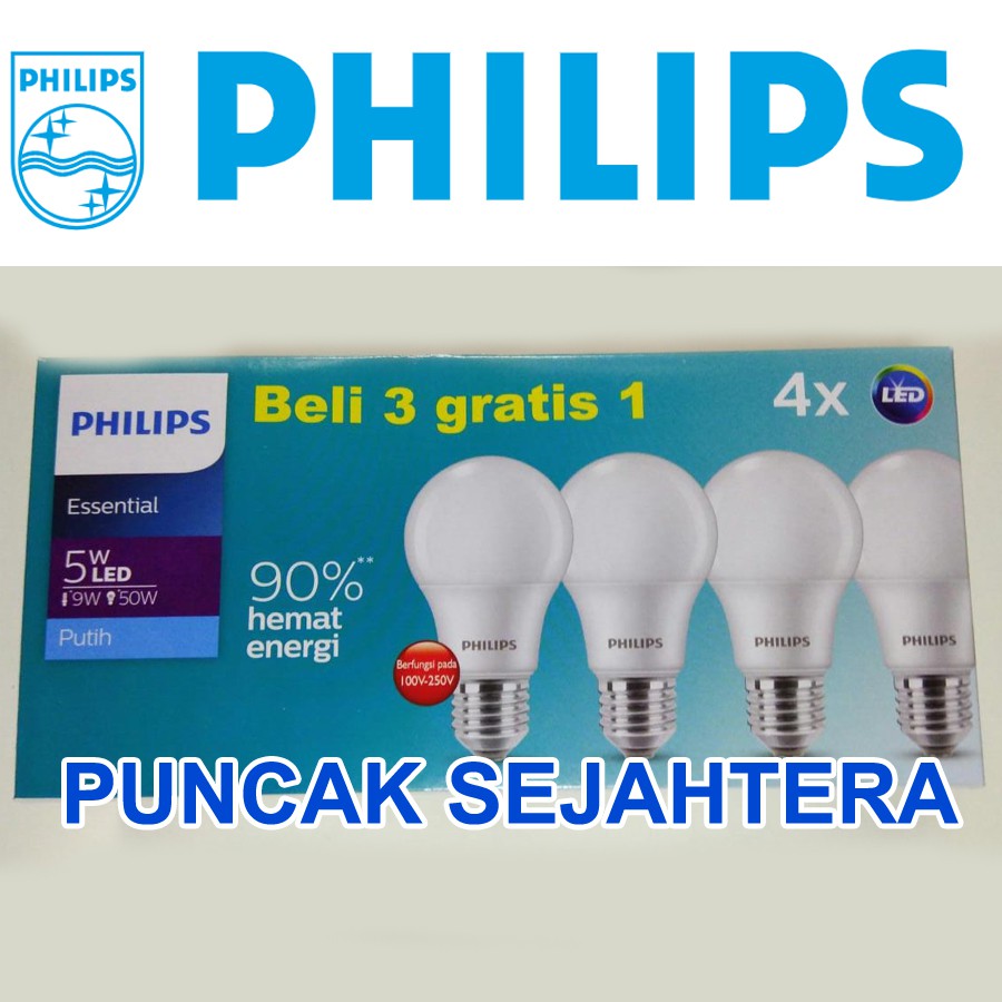 Lampu LED Philips 5w 5 watt Essential Multipack 3 gratis 1 PROMO CAHAYA PUTIH