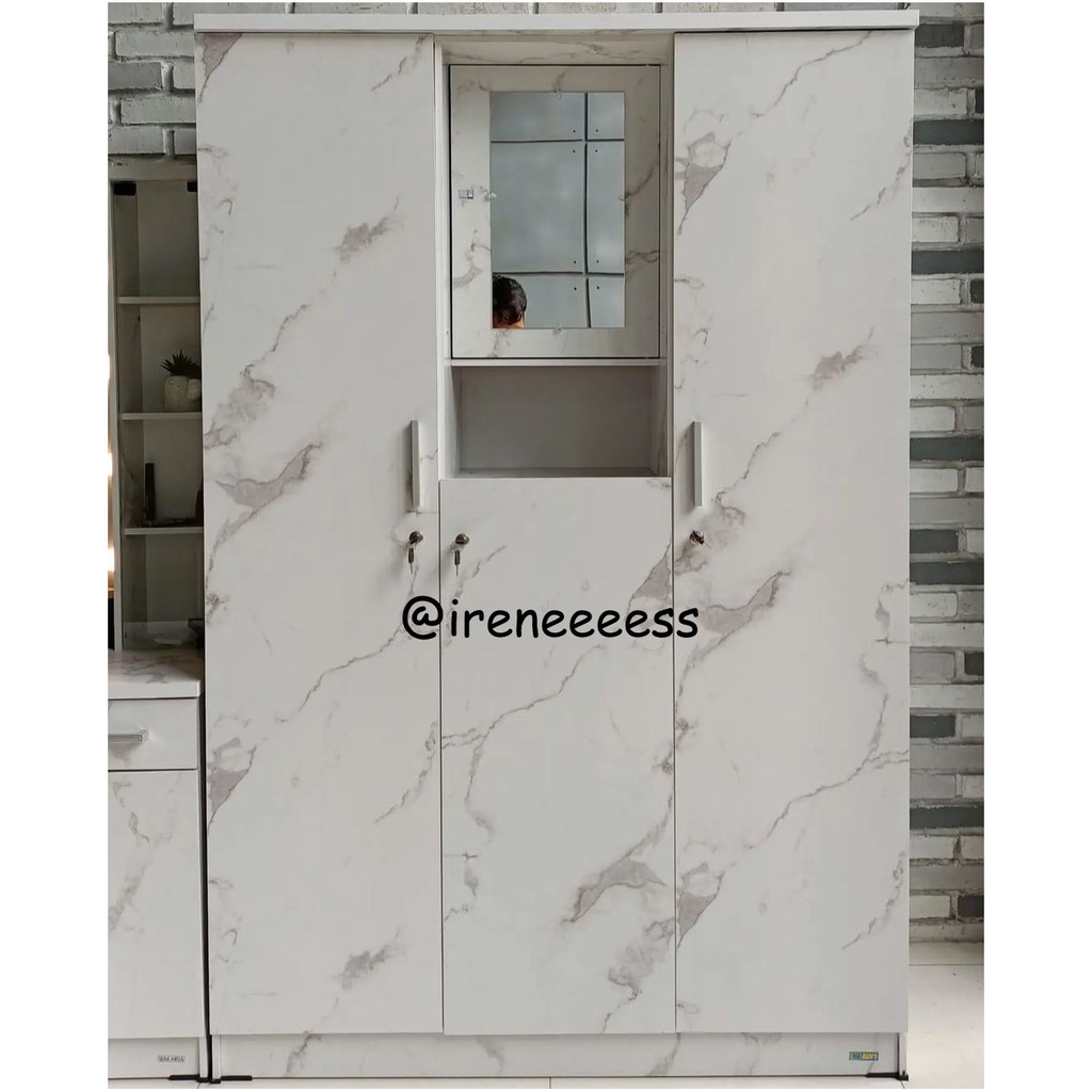 LEMARI PAKAIAN 3 PINTU + KACA RIAS / LEMARI BAJU 3 PINTU MOTIF MARBLE MARMER PUTIH KACA DALAM