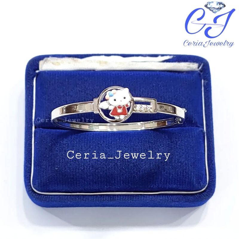 Gelang Perak Anak Asli Silver 925 Lapis Emas Putih Model Bangle Karakter Hellokitty Kembar