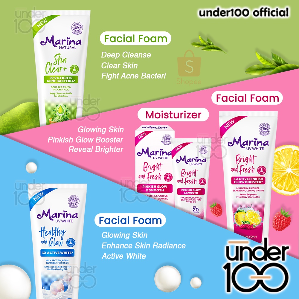 ❤ Under100 ❤ MARINA UV White Facial Foam 100ml &amp; Moisturizer 25ml | Healthy and Glow | Skin Clear+ | Bright and Fresh | Sabun Cuci Muka | BPOM