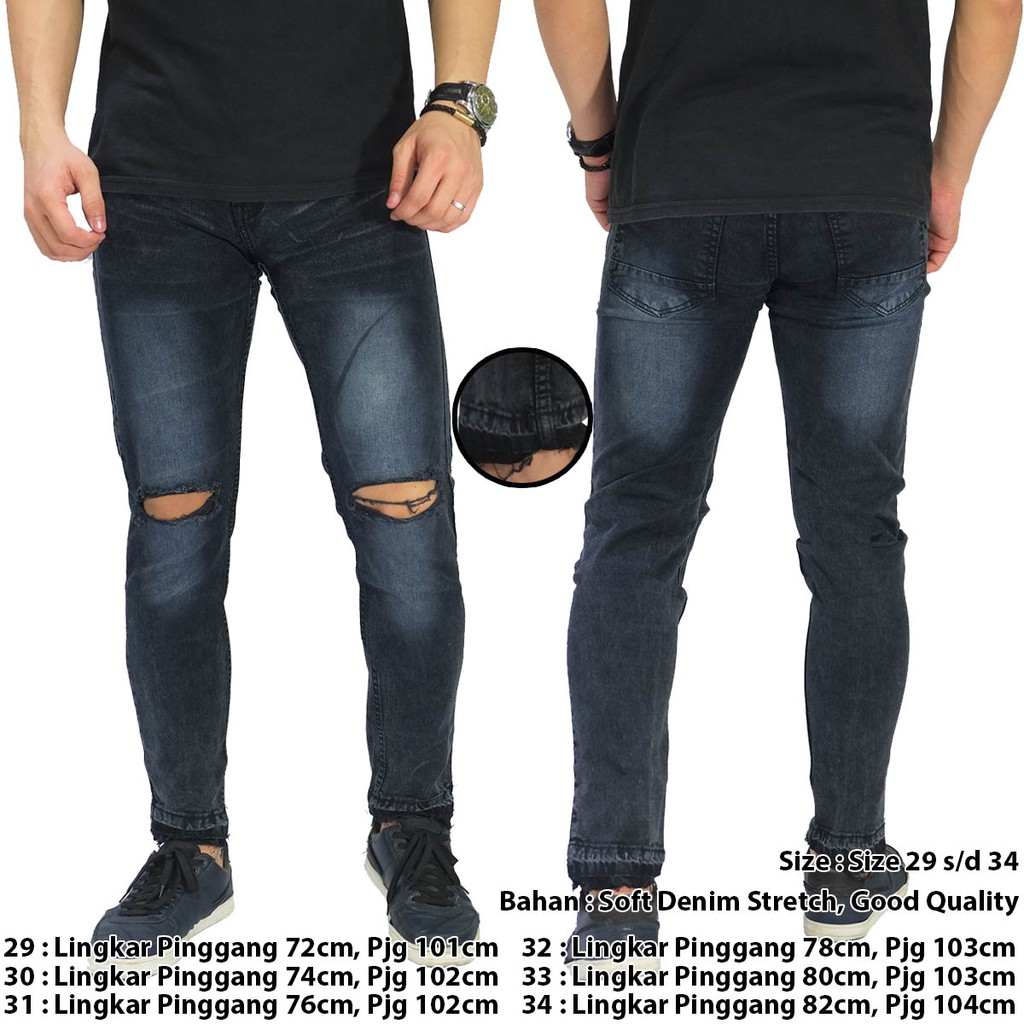 CELANA JEANS PANJANG PRIA COWO LAKI KNEE RIPPED RAW FRAYED HEM BLACK FADED
