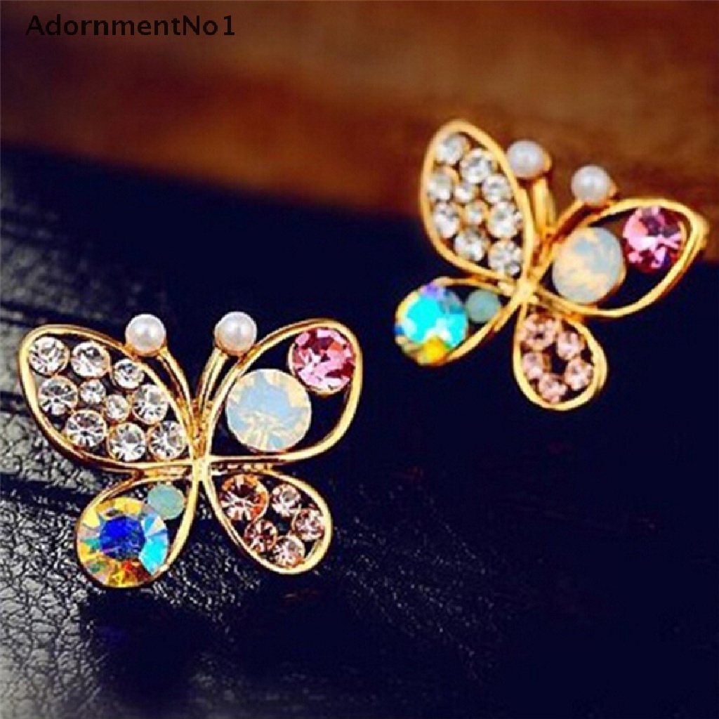 (AdornmentNo1) Anting Tusuk Bentuk Kupu-Kupu Aksen Hollow + Kristal + Berlian Imitasi Untuk Perhiasan Wanita Butterfly