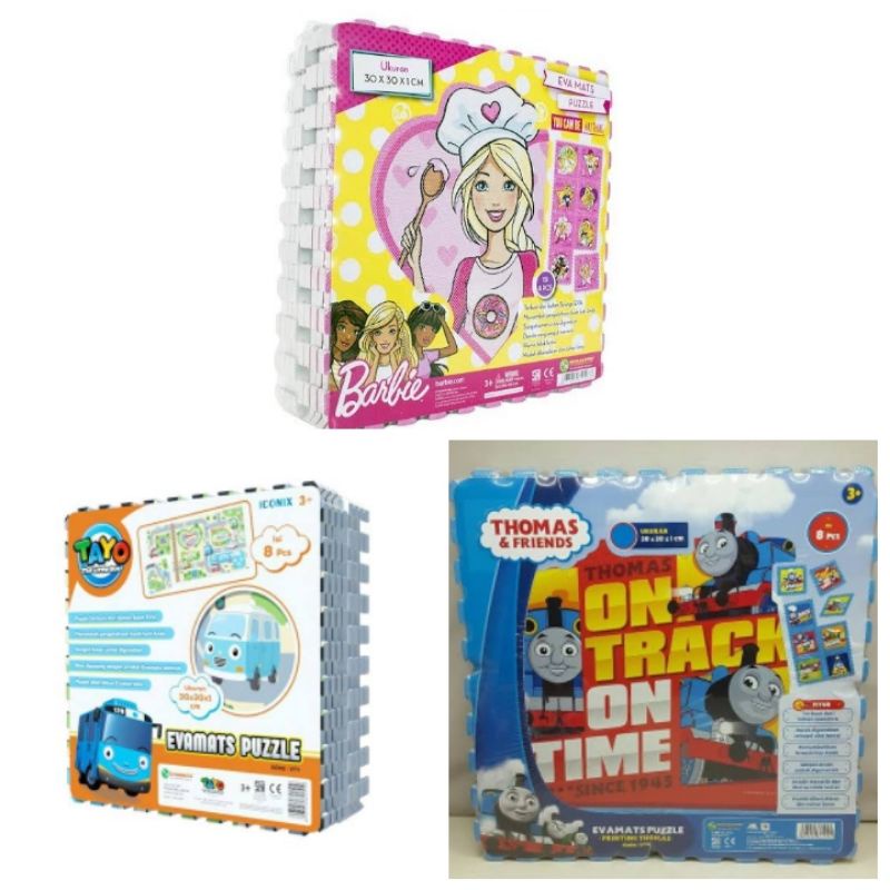 Puzzle asli Evamat Unimats printing bergambar Tayo / Barbie / Thomas  8 lembar original